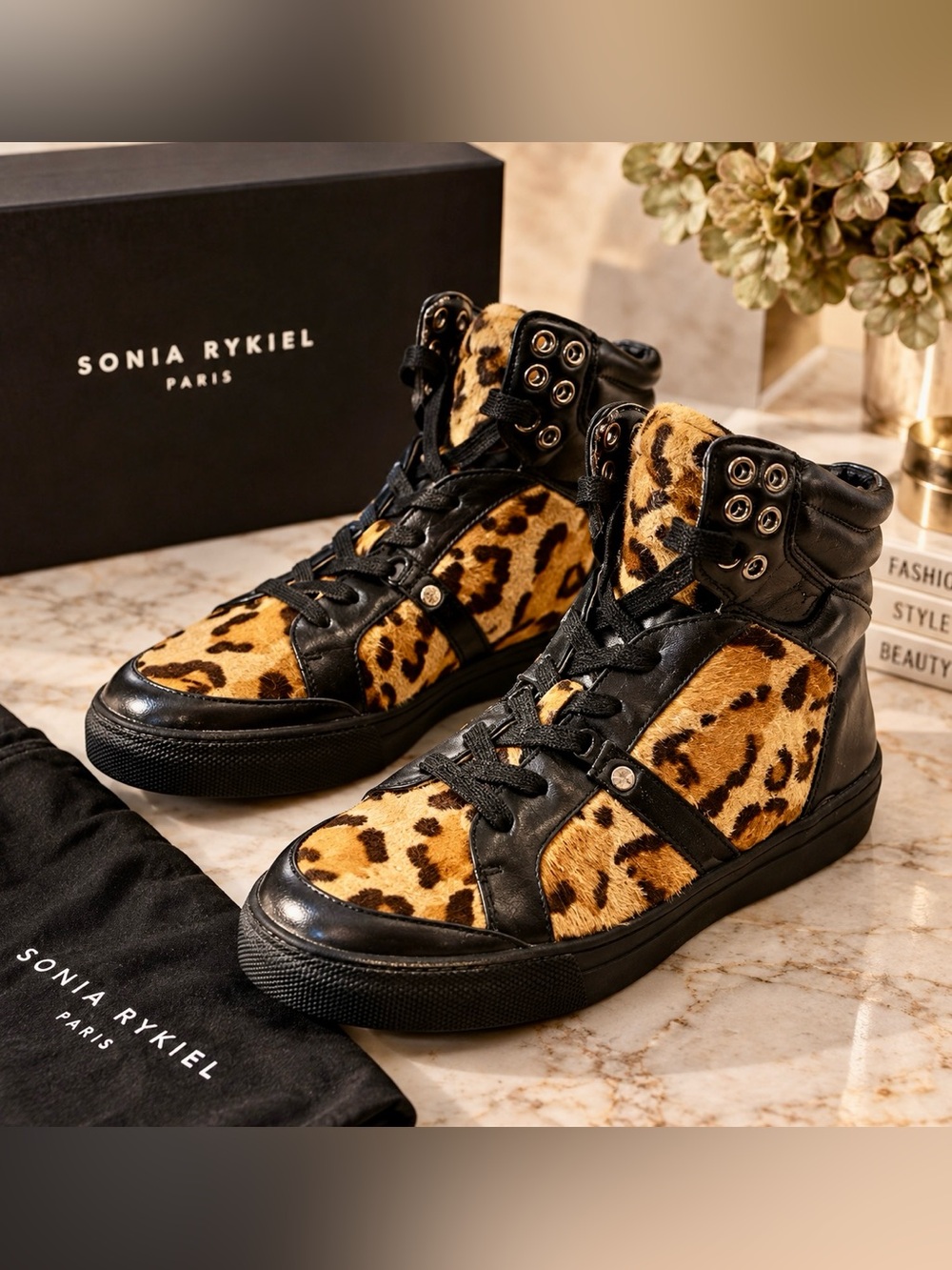 Sonia Rykiel Leopard-Print Black & Tan High-Top Sneakers